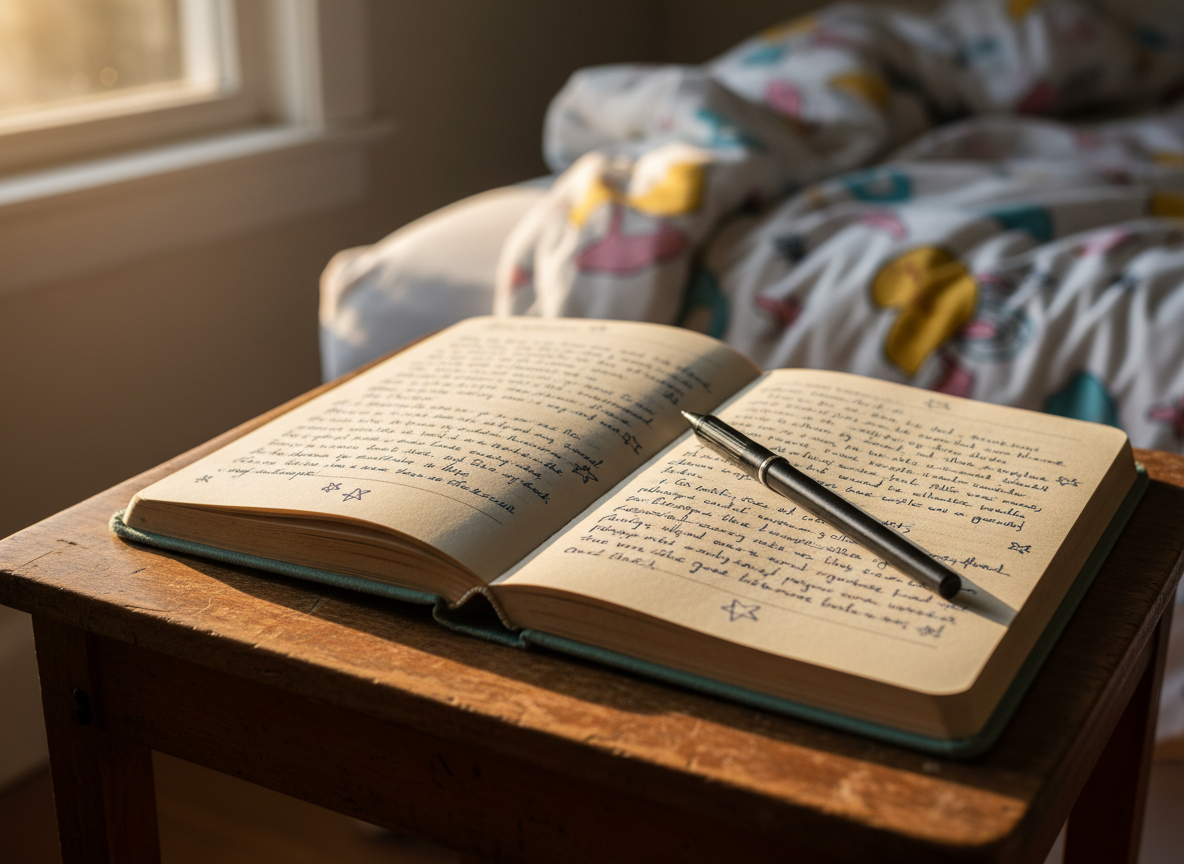 A well-worn, cloth-bound journal with a soft teal cover lies open on a small wooden desk, its cream pages filled with looping, handwritten lines and tiny doodled stars. A fine-tip pen rests diagonally across the center, as if paused mid-thought. The desk sits near a large window in a cozy bedroom, with an unmade bed and a playful patterned blanket blurred in the background. Late afternoon sunlight pours in, casting gentle, warm highlights on the paper and soft shadows along the grain of the wood. Photographic realism, shot at eye level with a shallow depth of field, creating an intimate, candid atmosphere that feels like peeking into a private life diary moment.