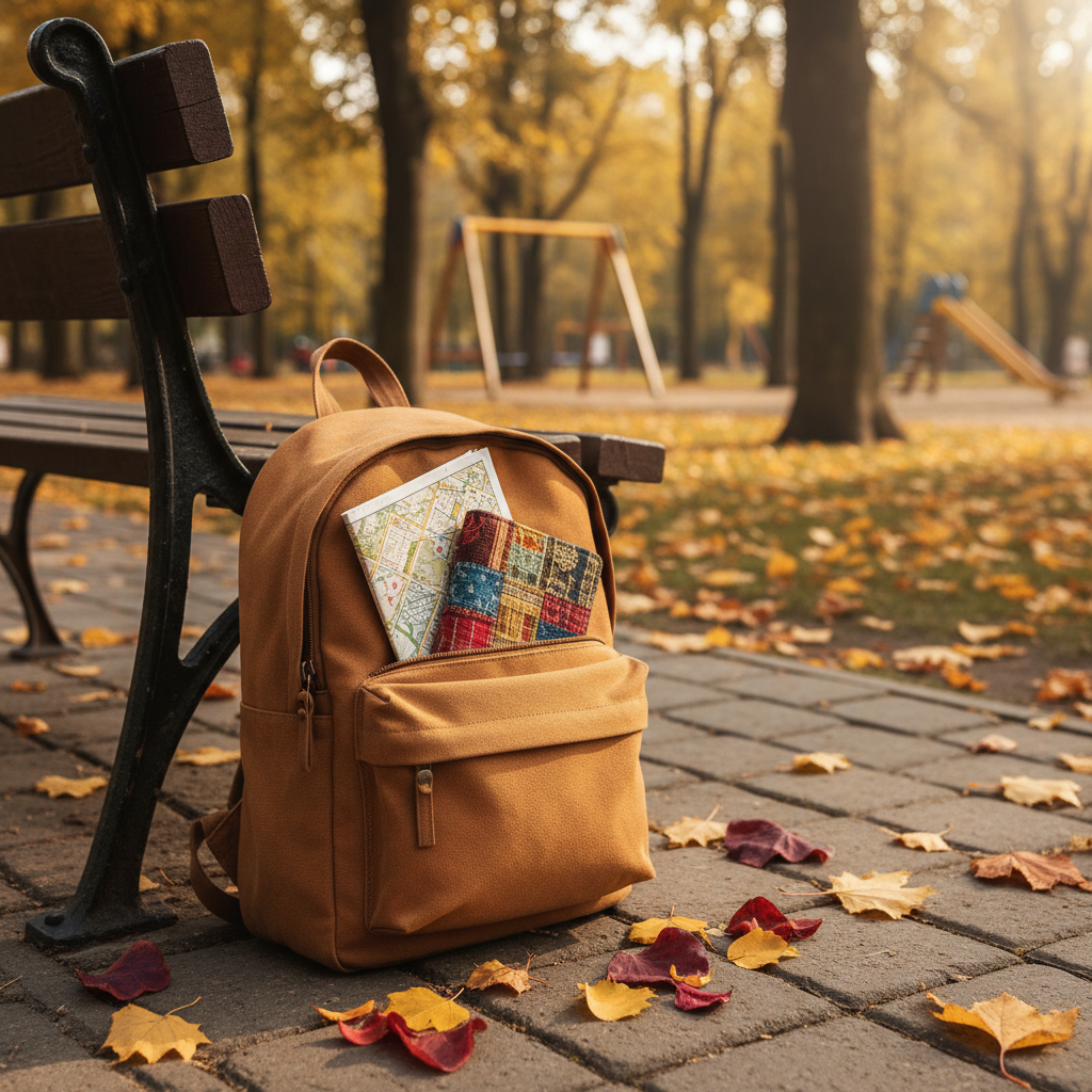 A compact vintage-style backpack made of soft, caramel-colored canvas leans against a park bench, its front pocket slightly open to reveal a small diary with a colorful fabric cover, a folded city map, and a few dried flower petals. Around it, fallen leaves in shades of yellow and rust scatter across the stone path. The park stretches out behind in a dreamy blur of trees and distant playground shapes. Captured in warm golden hour sunlight, the scene glows with a playful, adventurous mood. Photographic realism, slightly elevated angle, rule-of-thirds composition, with a gentle bokeh background that suggests spontaneous everyday explorations recorded in a life diary.